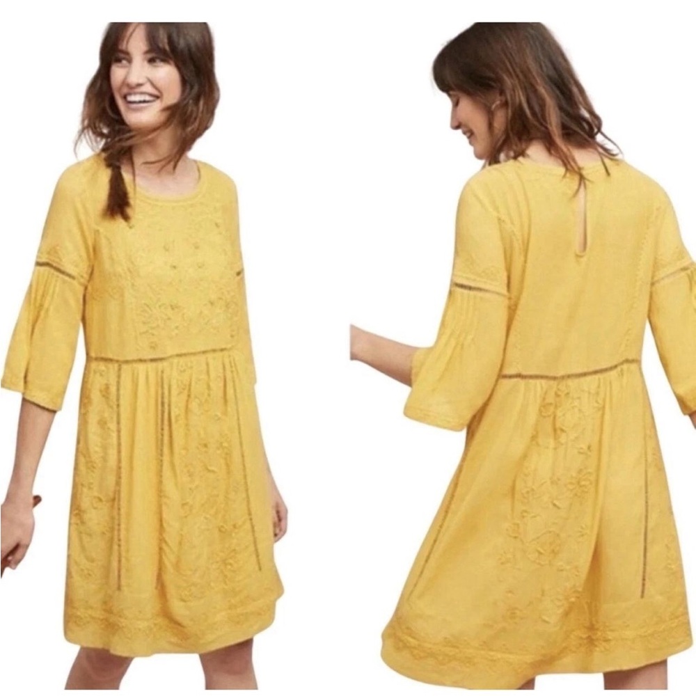 Anthro Akemi + Kin Mustard Embroidered Mini Dress Size S | Boho + Slip